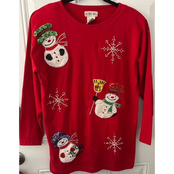 Victoria Jones Red Long-Sleeve Snowman & Snowflake Holiday Shirt S 100% Cotton - Picture 1 of 3